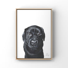 Load image into Gallery viewer, Framed painting of a black labrador dog. The dog has brown eyes and a silky coat.