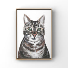 Load image into Gallery viewer, Framed painting of a cat portrait. The cat is a tabby with bright green eyes.