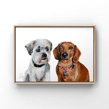 Load image into Gallery viewer, Framed painting of two dogs. One dog is white with long hair and the other is brown with one blue eye and one brown eye.