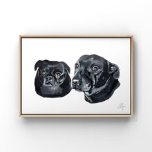 Load image into Gallery viewer, Framed painting of two black dogs. One dog is a pug and the other is a staffy. Both have brown eyes.